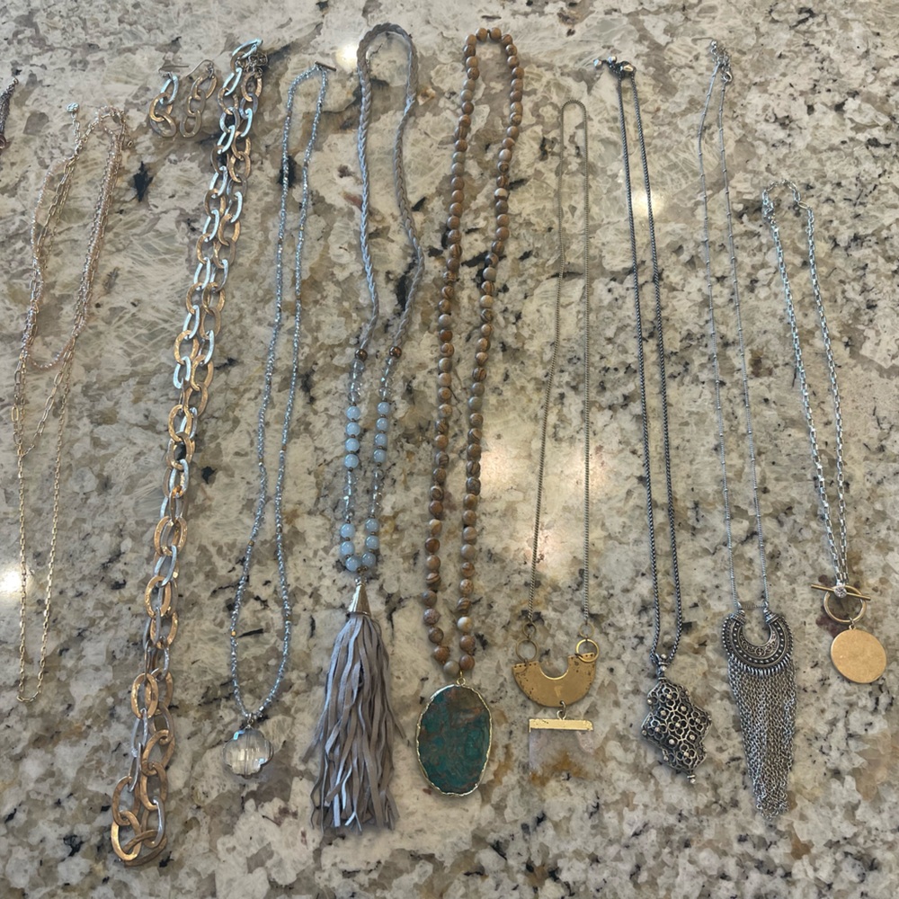 Lot of 10 Fun Statement Long Necklaces Silver Gold Stones Layering